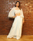 Powder Blue Draped Skirt and Cape Set - indian fashion USA