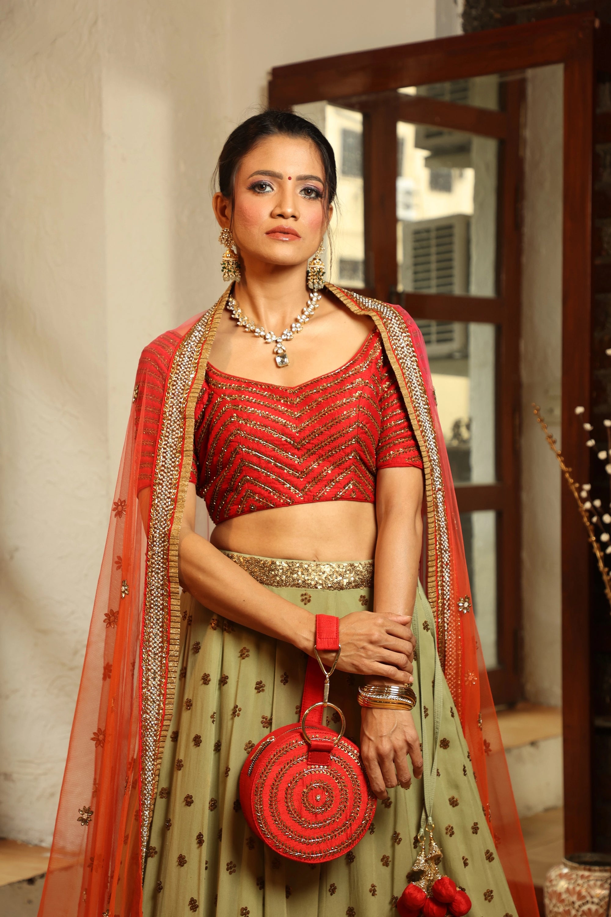 Red and Mehendi Green Lehenga Set - red lehenga Canada