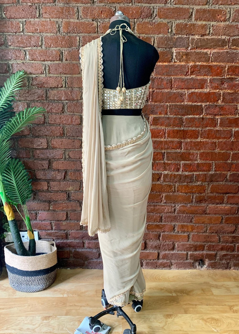 Beige Pre-Stitched Saree with Mirror Blouse