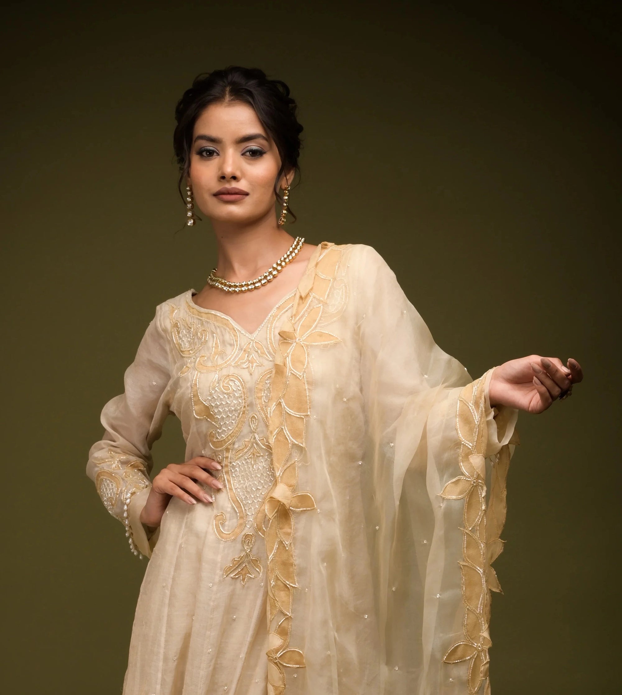 Ivory Beige Anarkali Set - anarkali set USA