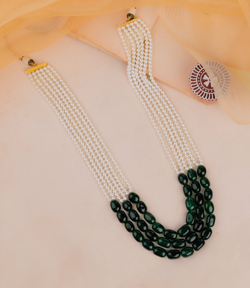 White Pearl and green beads Traditional Maala for Men - indian men jewelry