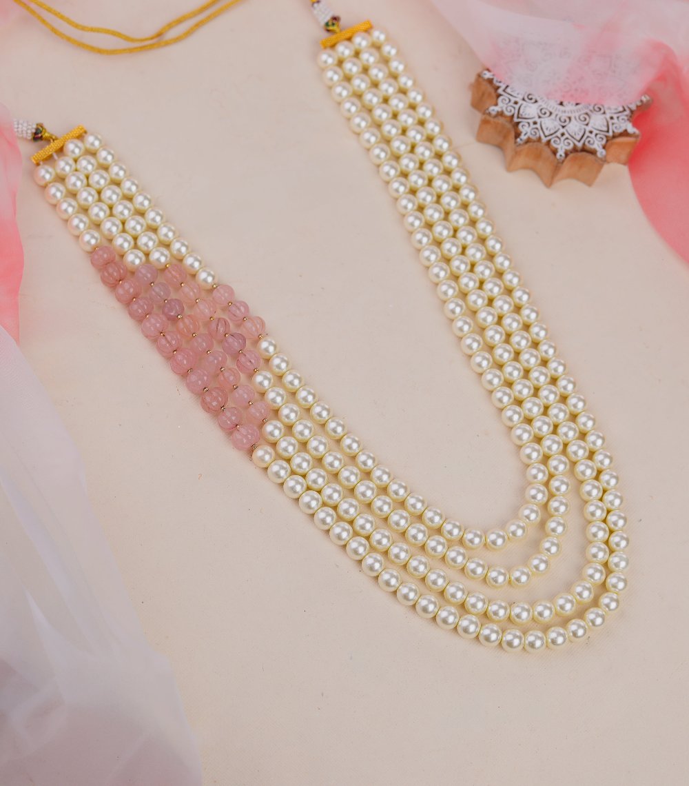 White Pearl and pink beads Traditional Maala for Men - indian men jewelry