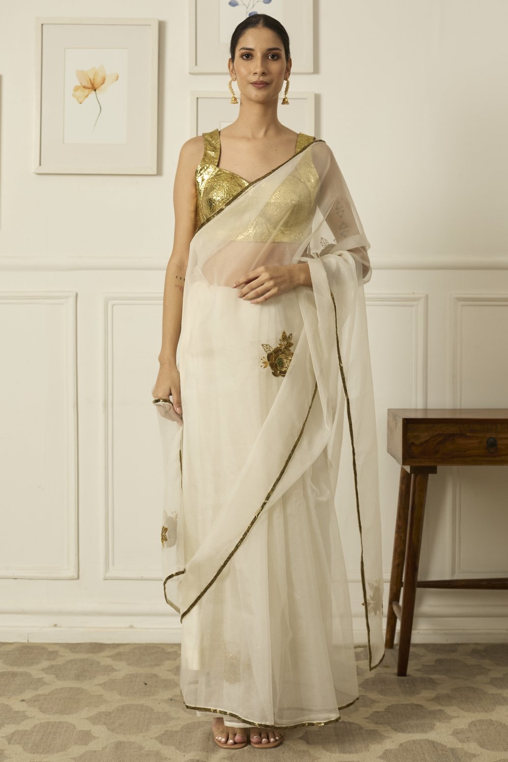 Ivory-Gold Paro Saree - white indian clothes