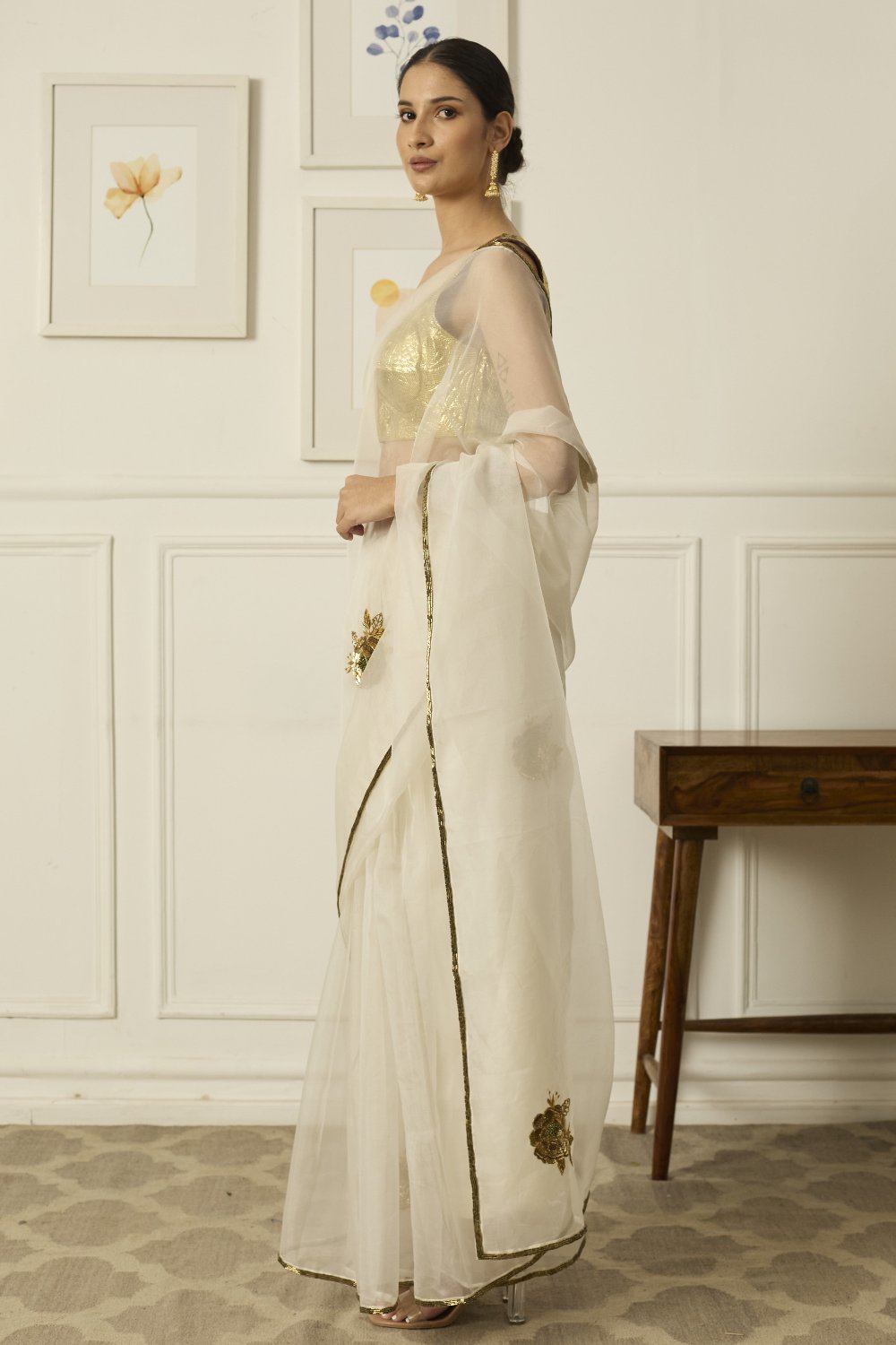 Ivory-Gold Paro Saree - white indian clothes