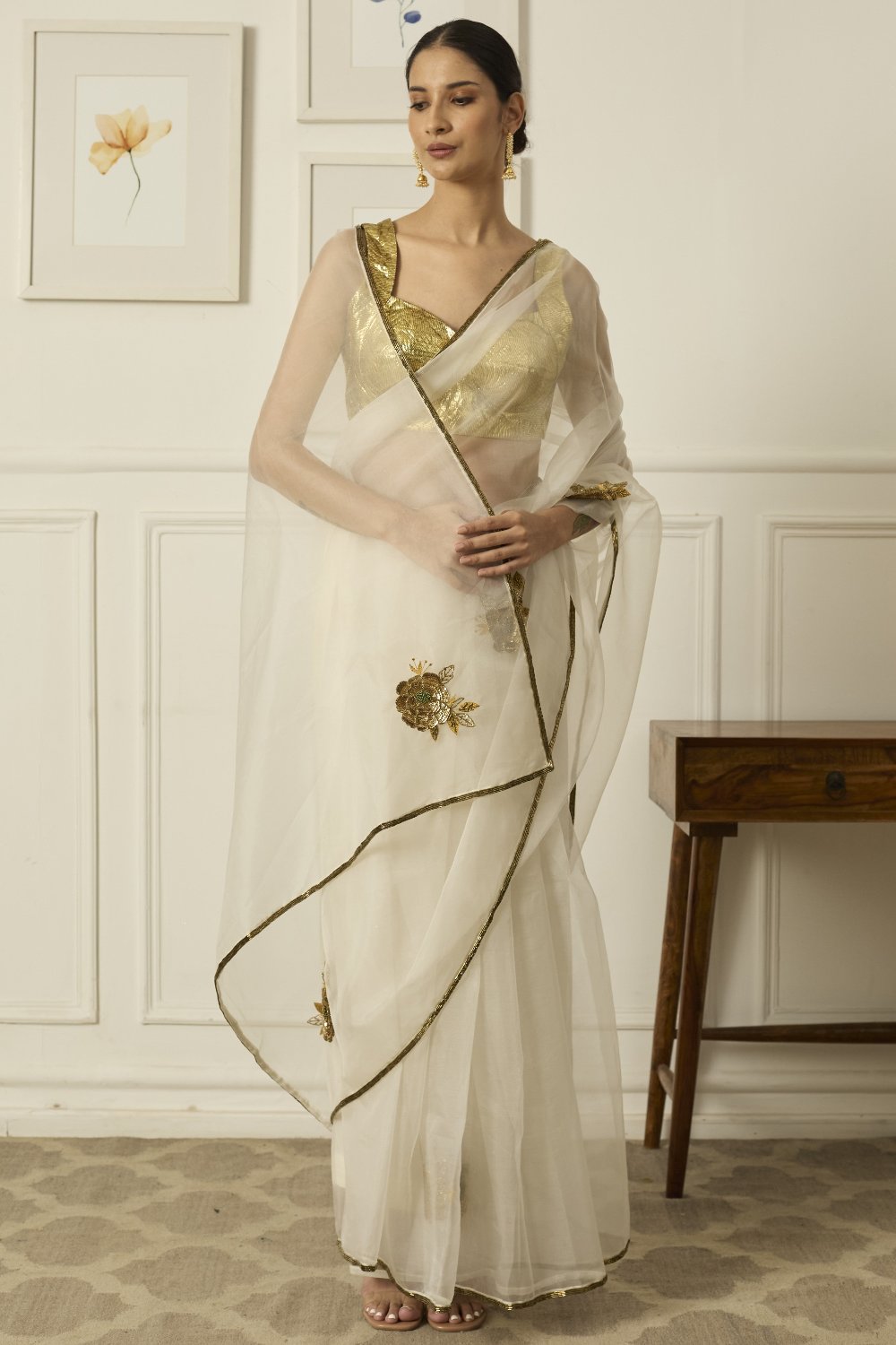 Ivory-Gold Paro Saree - white indian clothes
