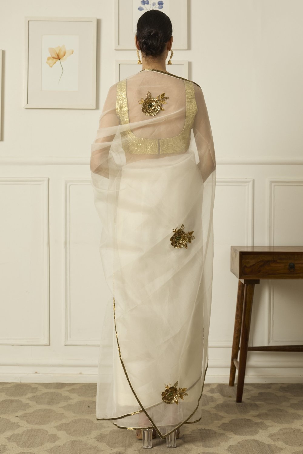 Ivory-Gold Paro Saree - white indian clothes