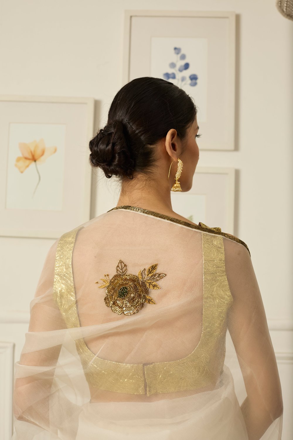 Ivory-Gold Paro Saree - white indian clothes