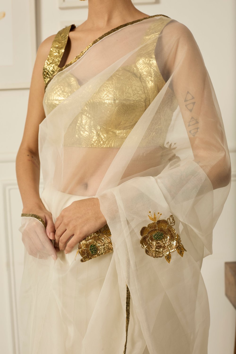 Ivory-Gold Paro Saree - white indian clothes