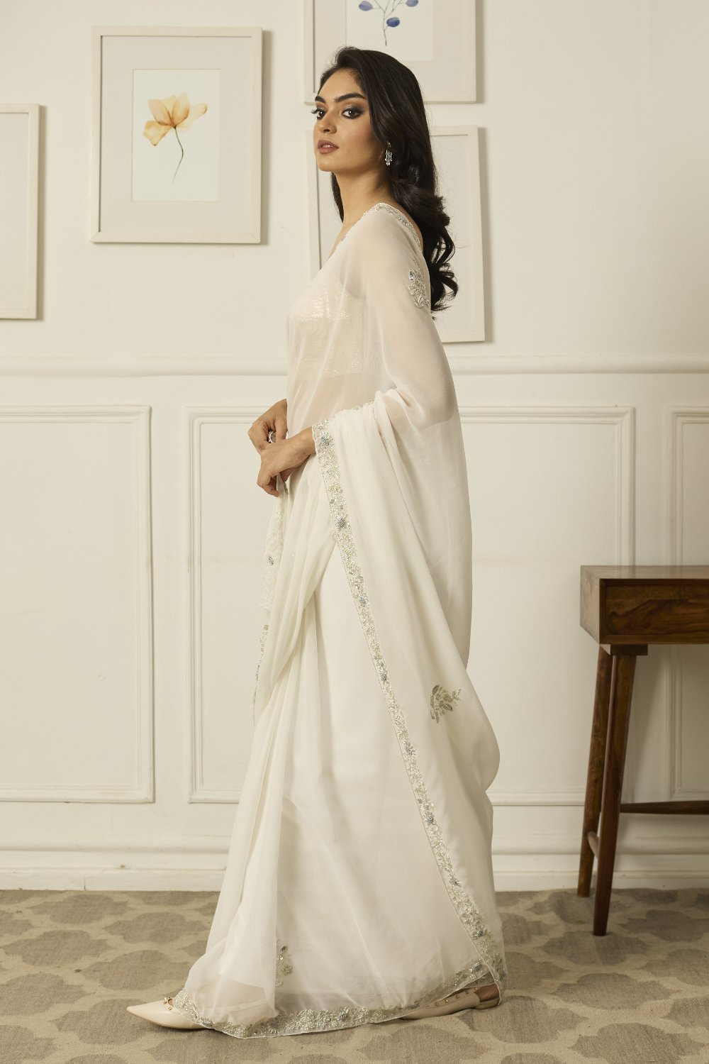 White Meenakshi Georgette Saree - white indian outfits