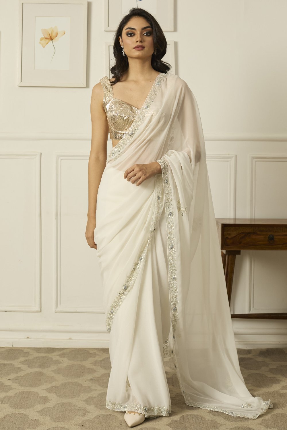 White Meenakshi Georgette Saree - white indian outfits