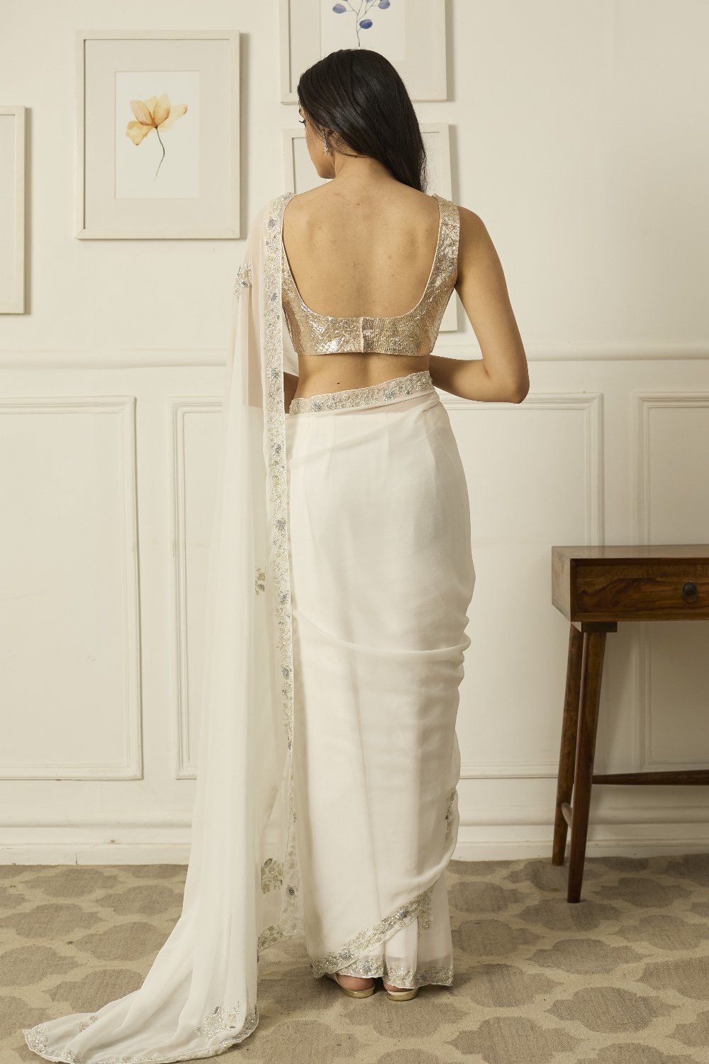 White Meenakshi Georgette Saree - white indian outfits