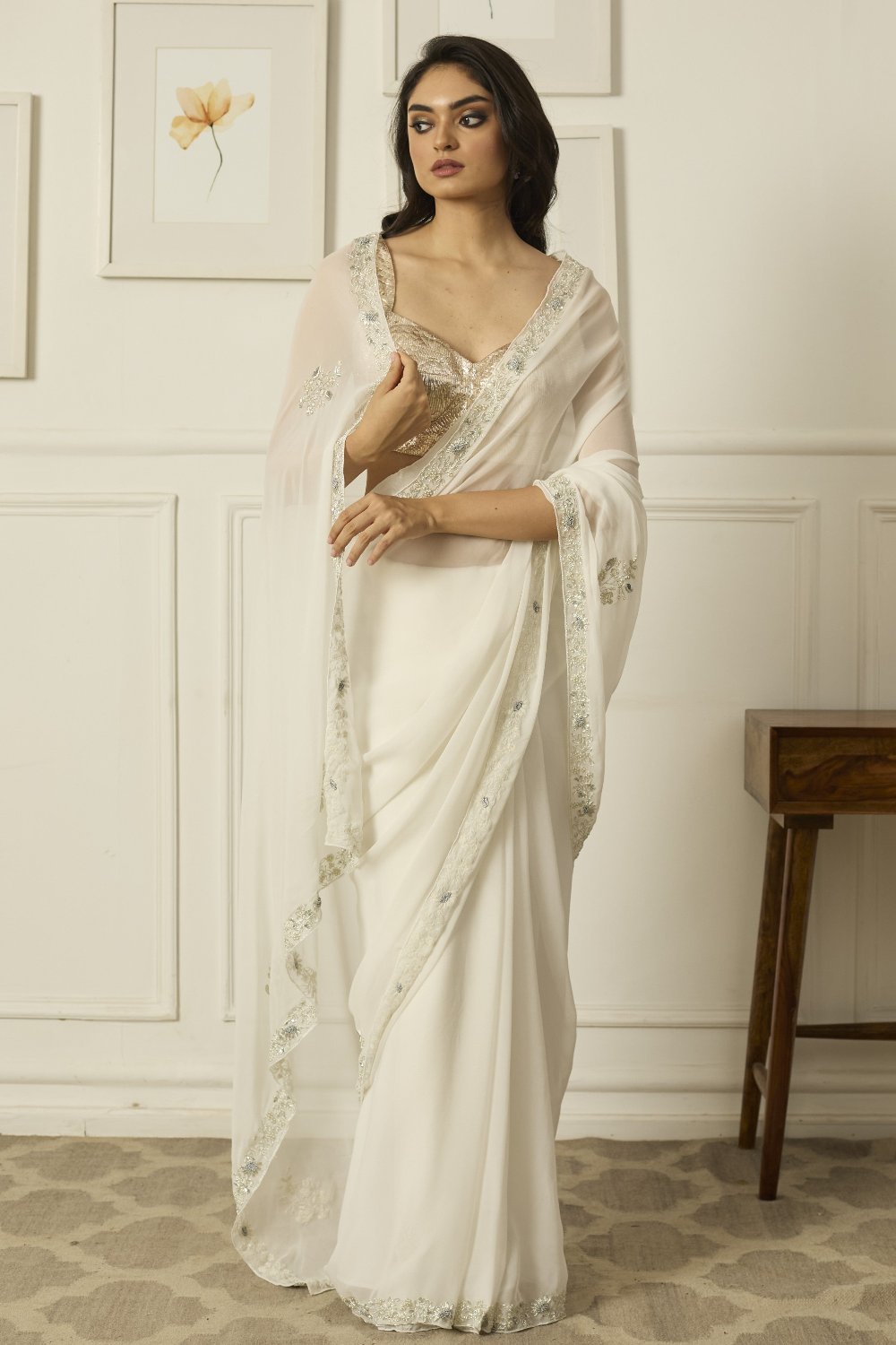 White Meenakshi Georgette Saree - white indian outfits