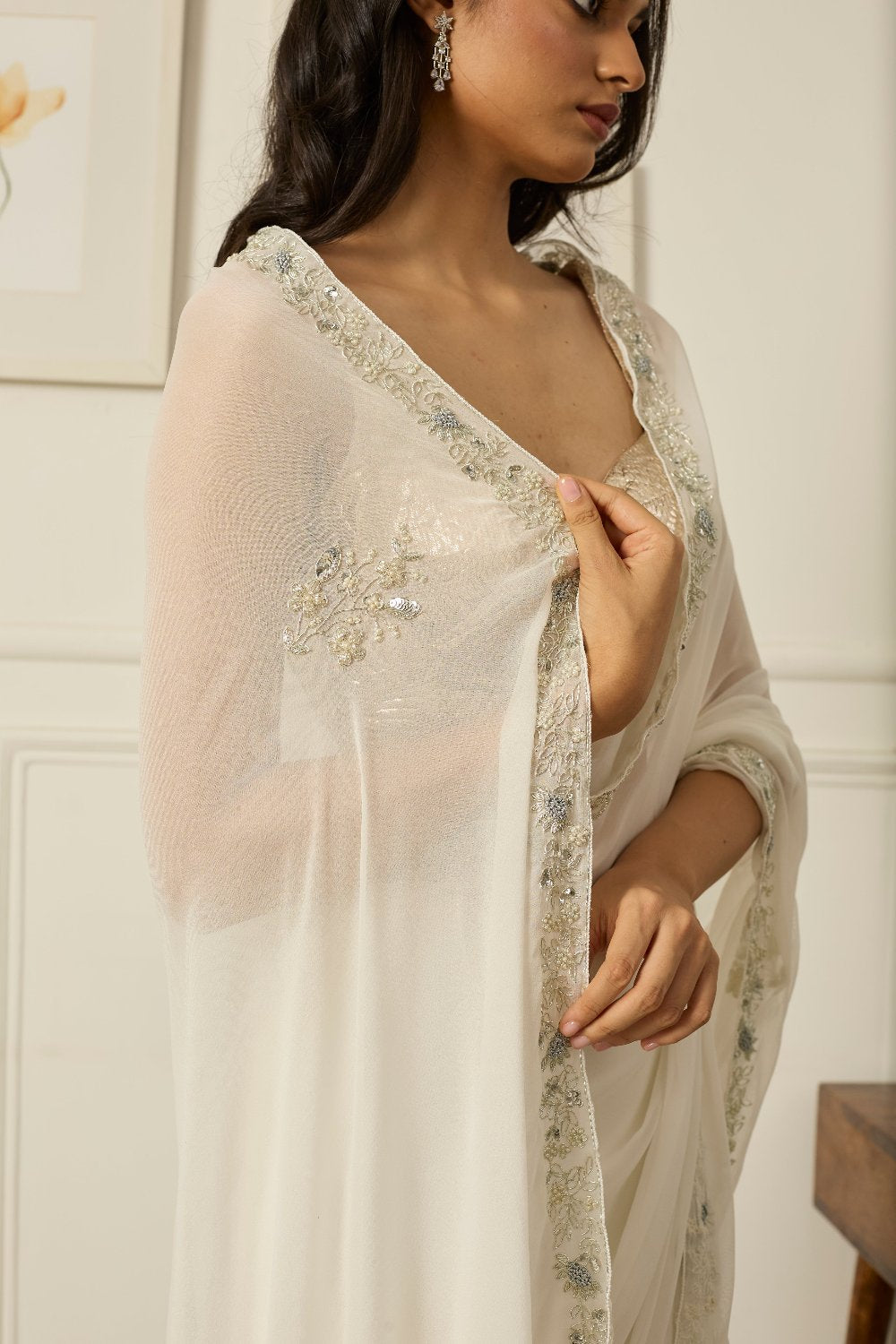 White Meenakshi Georgette Saree - white indian outfits
