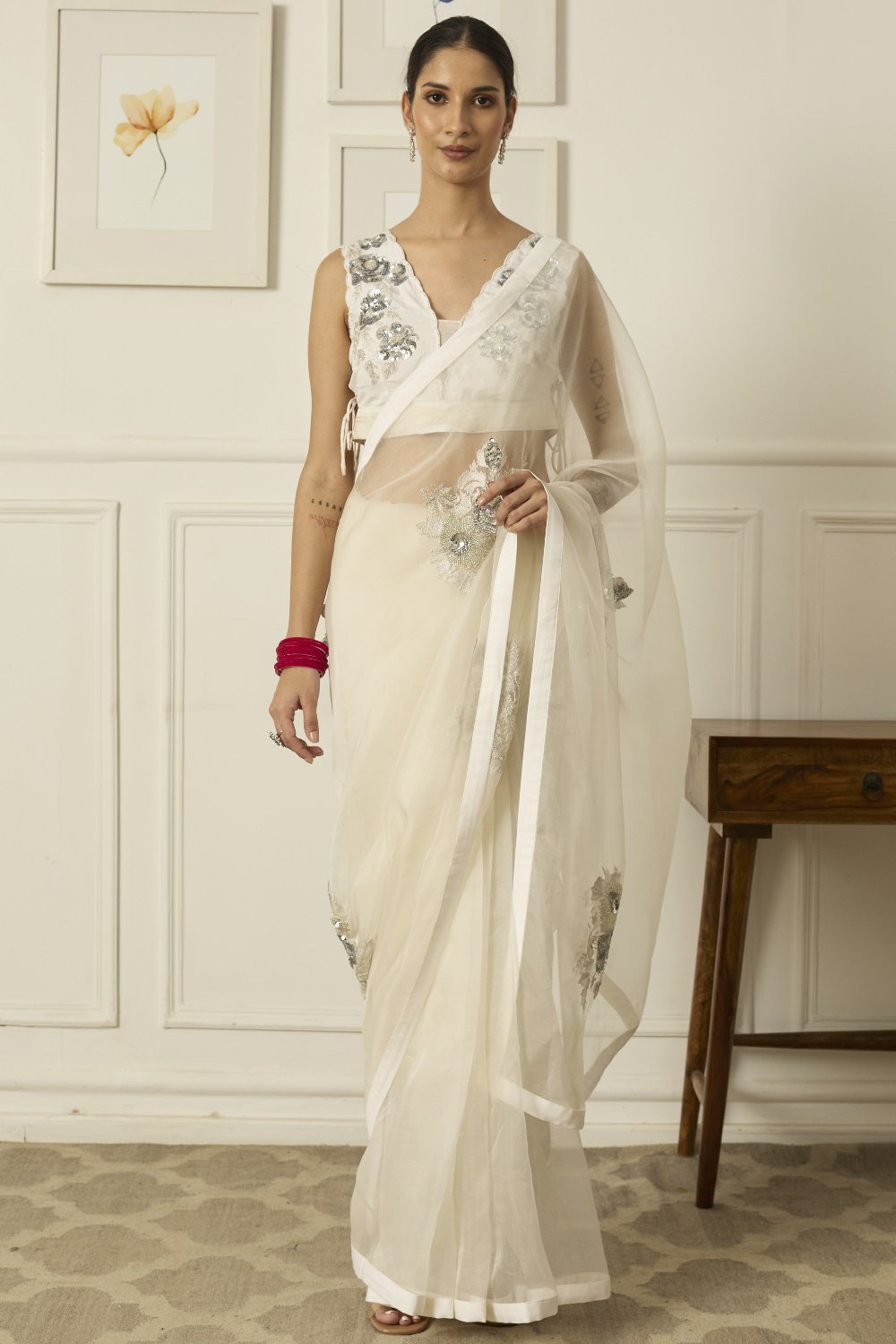 Ivory-Silver Aradhana Silk Organza Saree - white indian wear