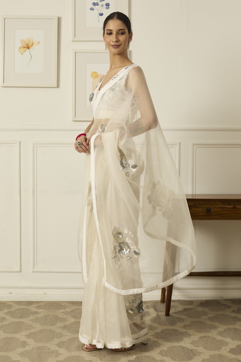 Ivory-Silver Aradhana Silk Organza Saree - white indian wear