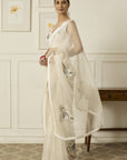 Ivory-Silver Aradhana Silk Organza Saree - white indian wear