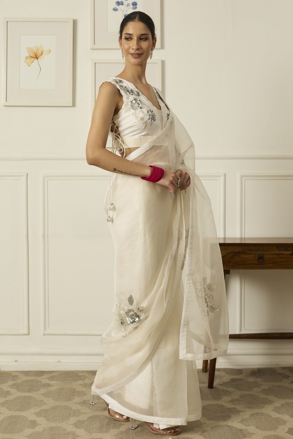 Ivory-Silver Aradhana Silk Organza Saree - white indian wear