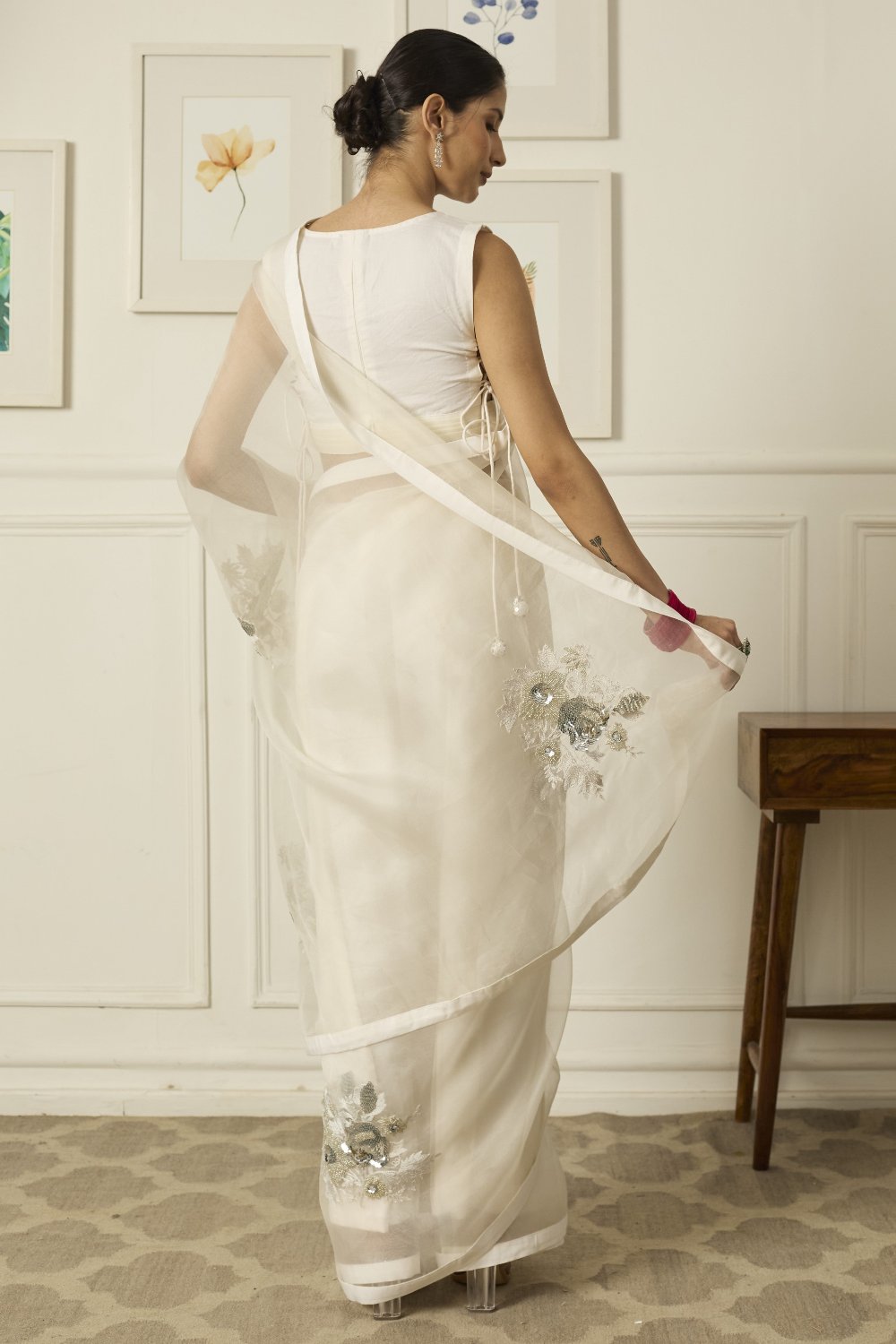 Ivory-Silver Aradhana Silk Organza Saree - white indian wear