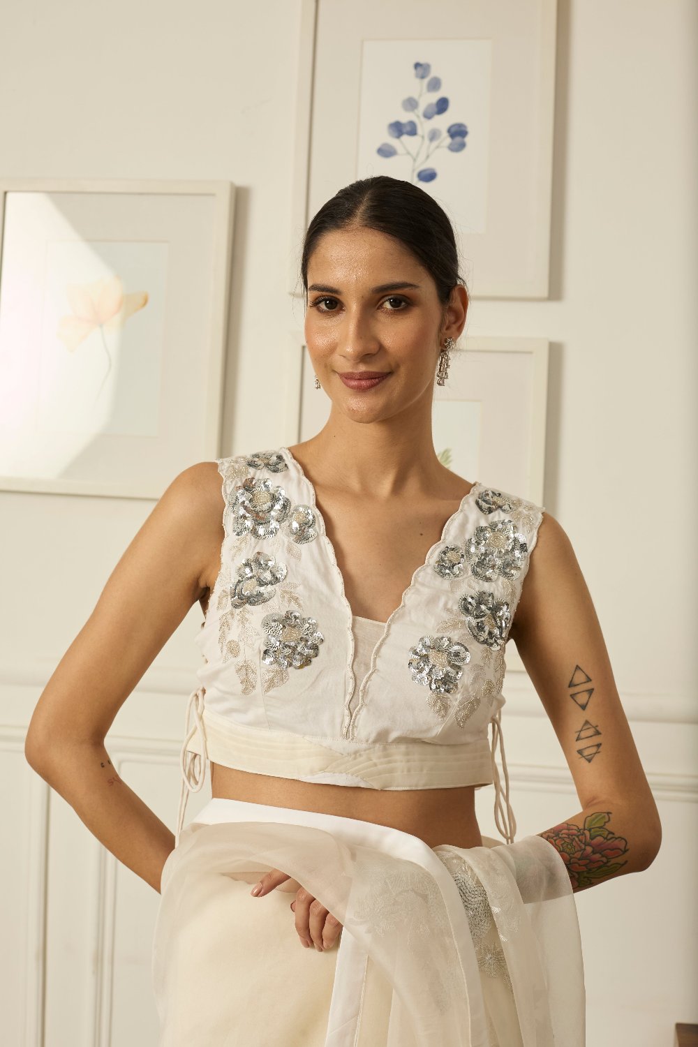 Ivory-Silver Aradhana Silk Organza Saree - white indian wear