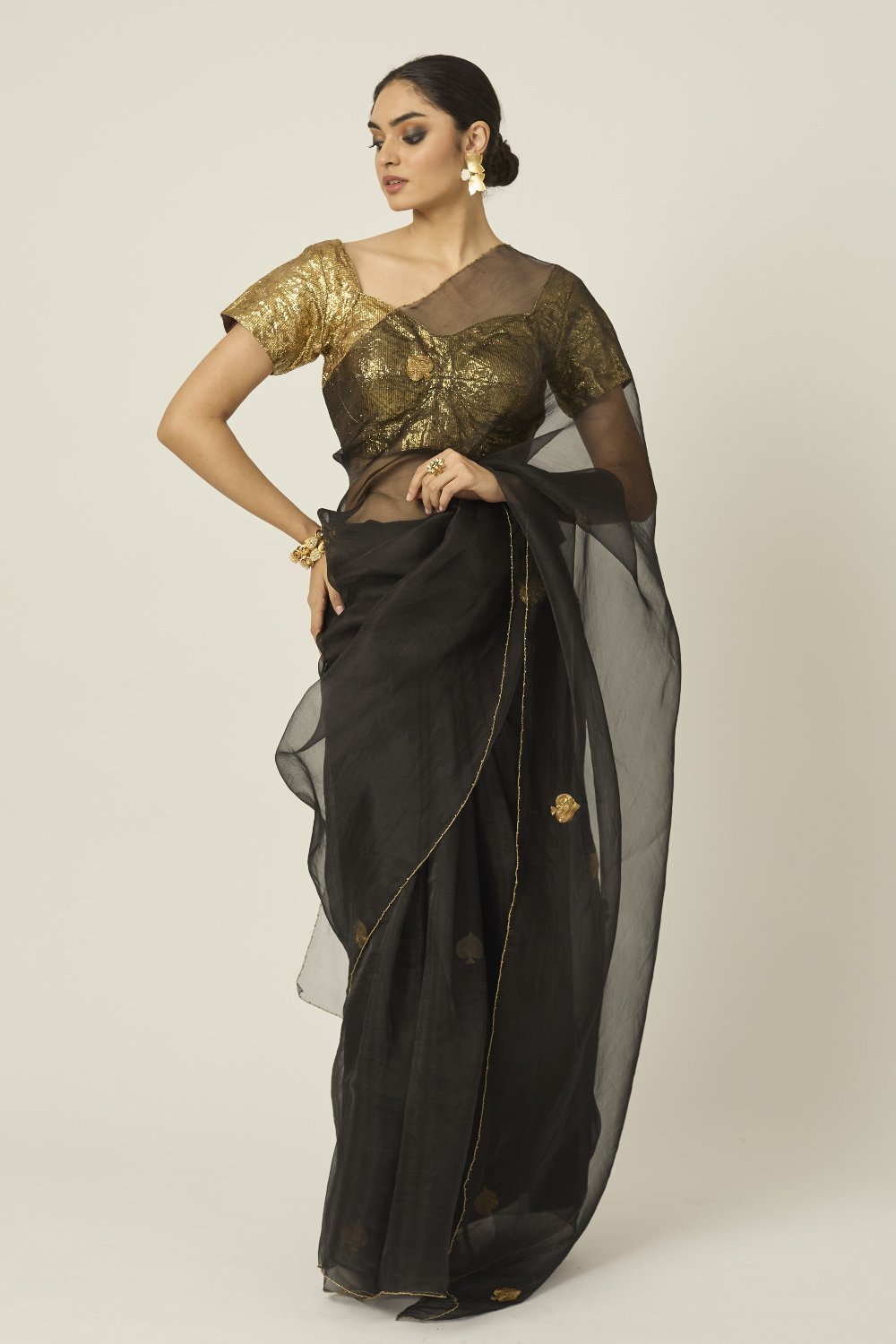 Ace Black Silk Organza Saree - saree with choli