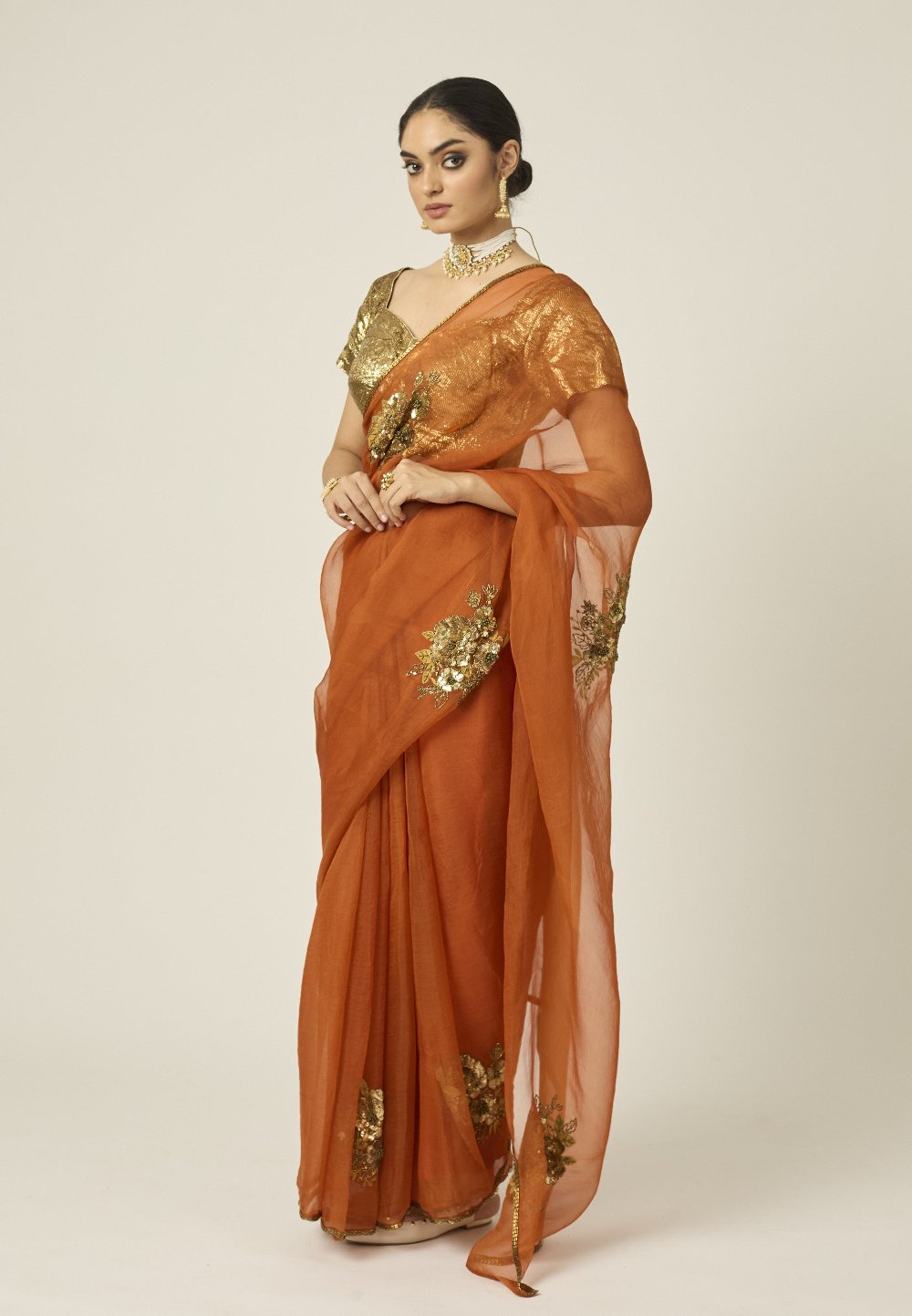 PARO Orange Silk Organza Saree - orange indian outfit