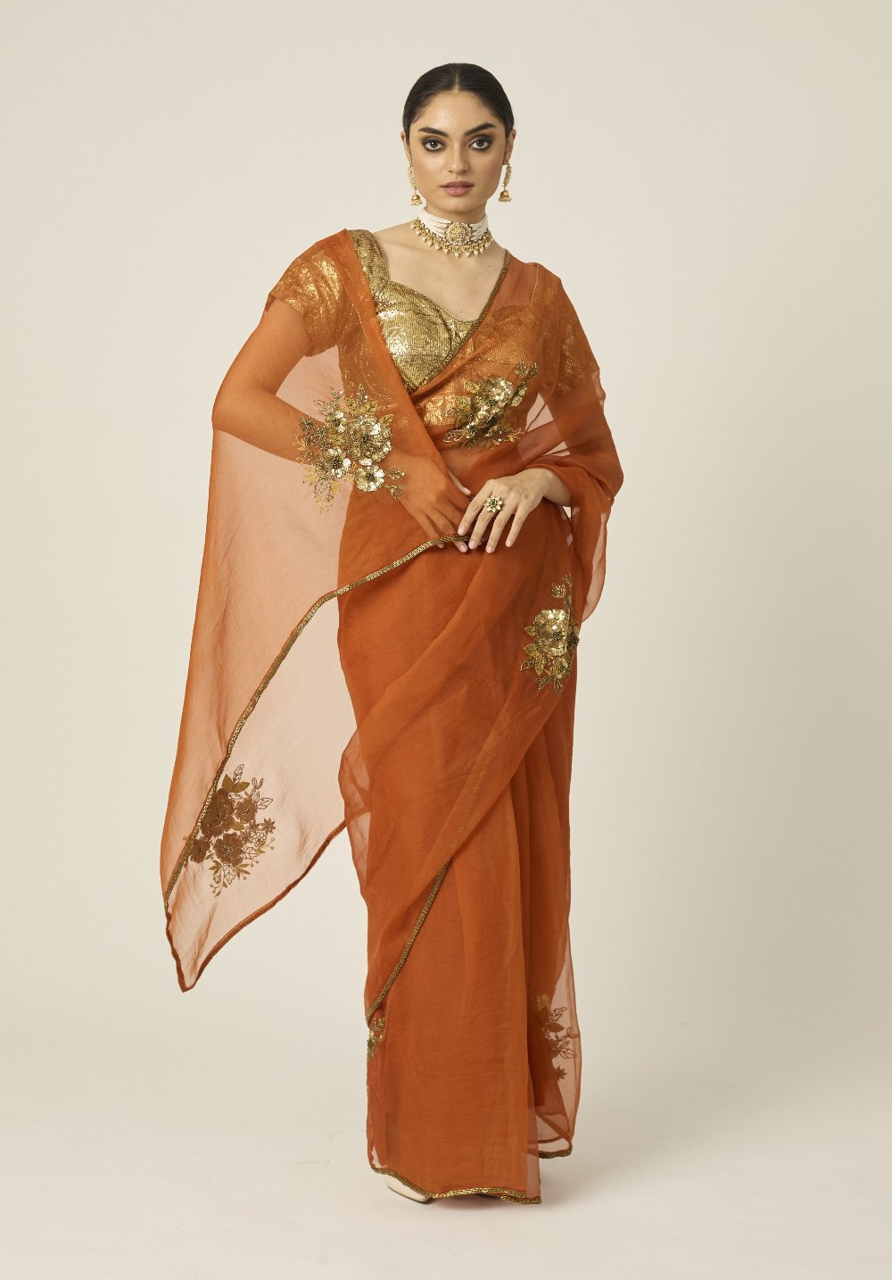 PARO Orange Silk Organza Saree - orange indian outfit