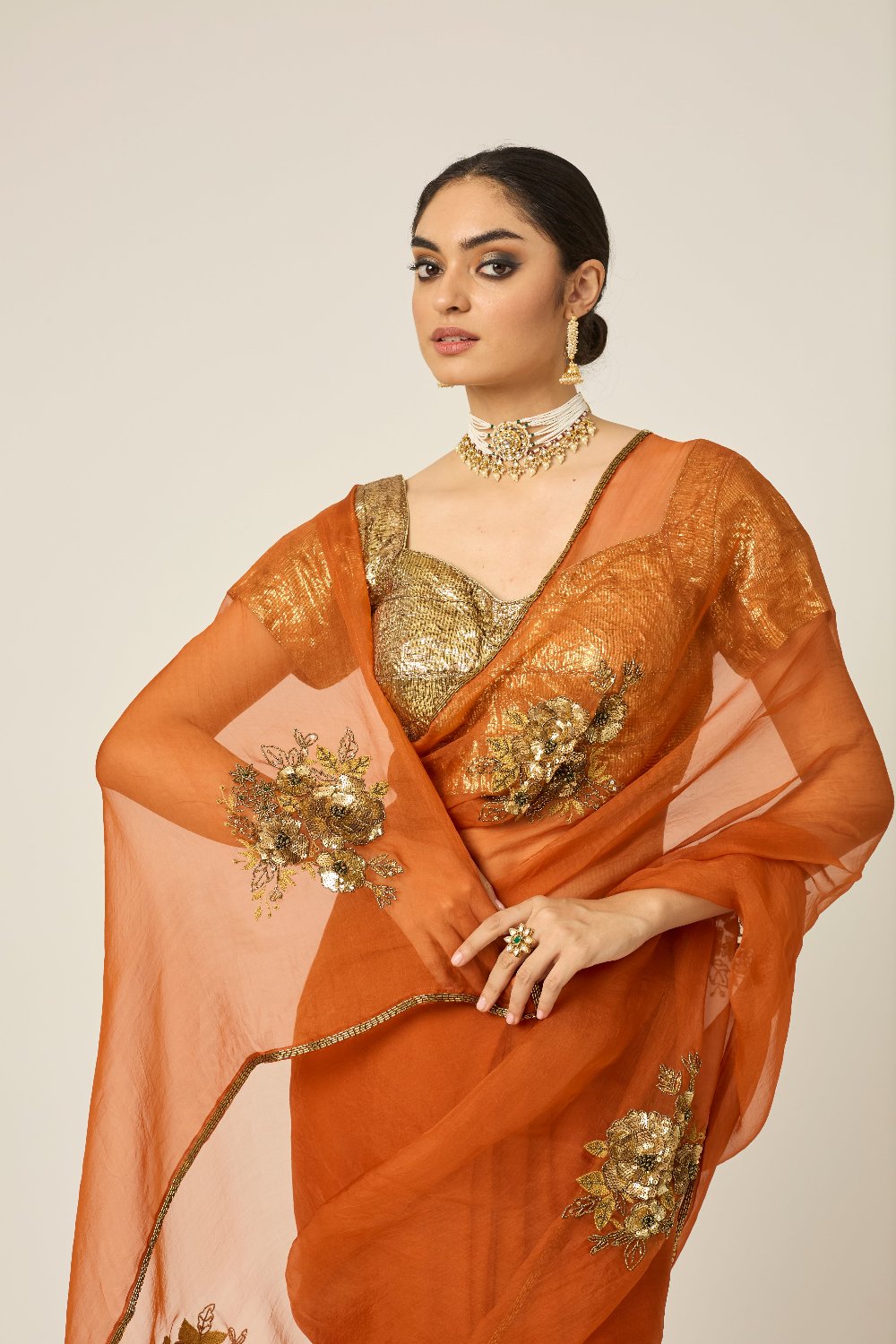 PARO Orange Silk Organza Saree - orange indian outfit