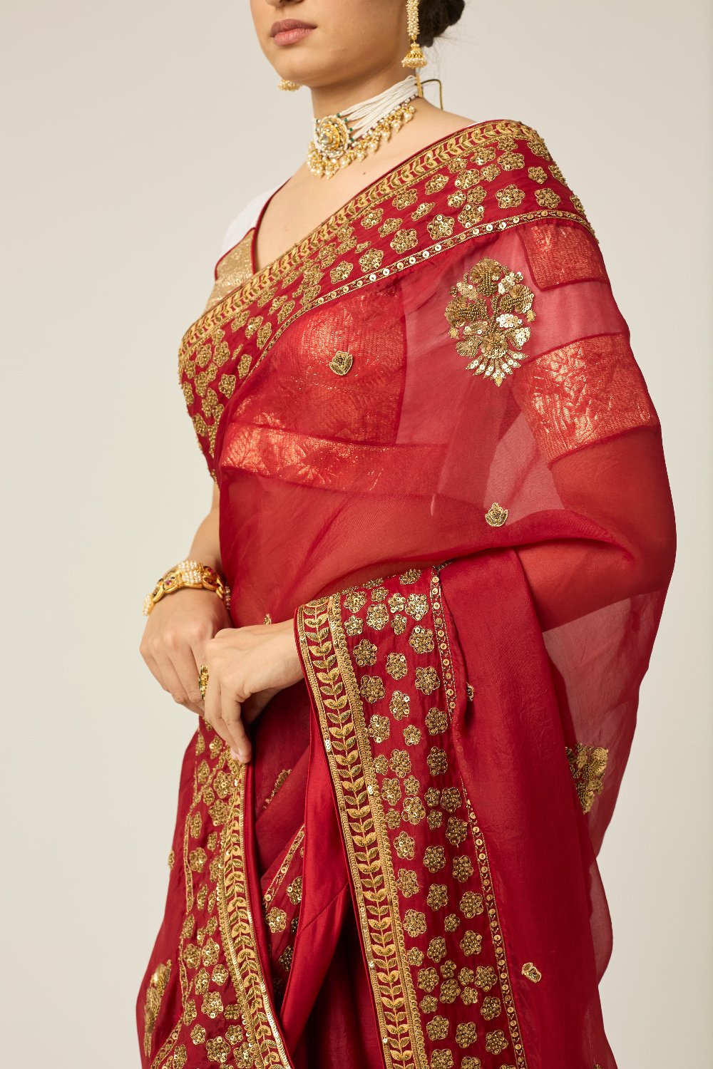 MYRA Red Organza Saree - red indian wear