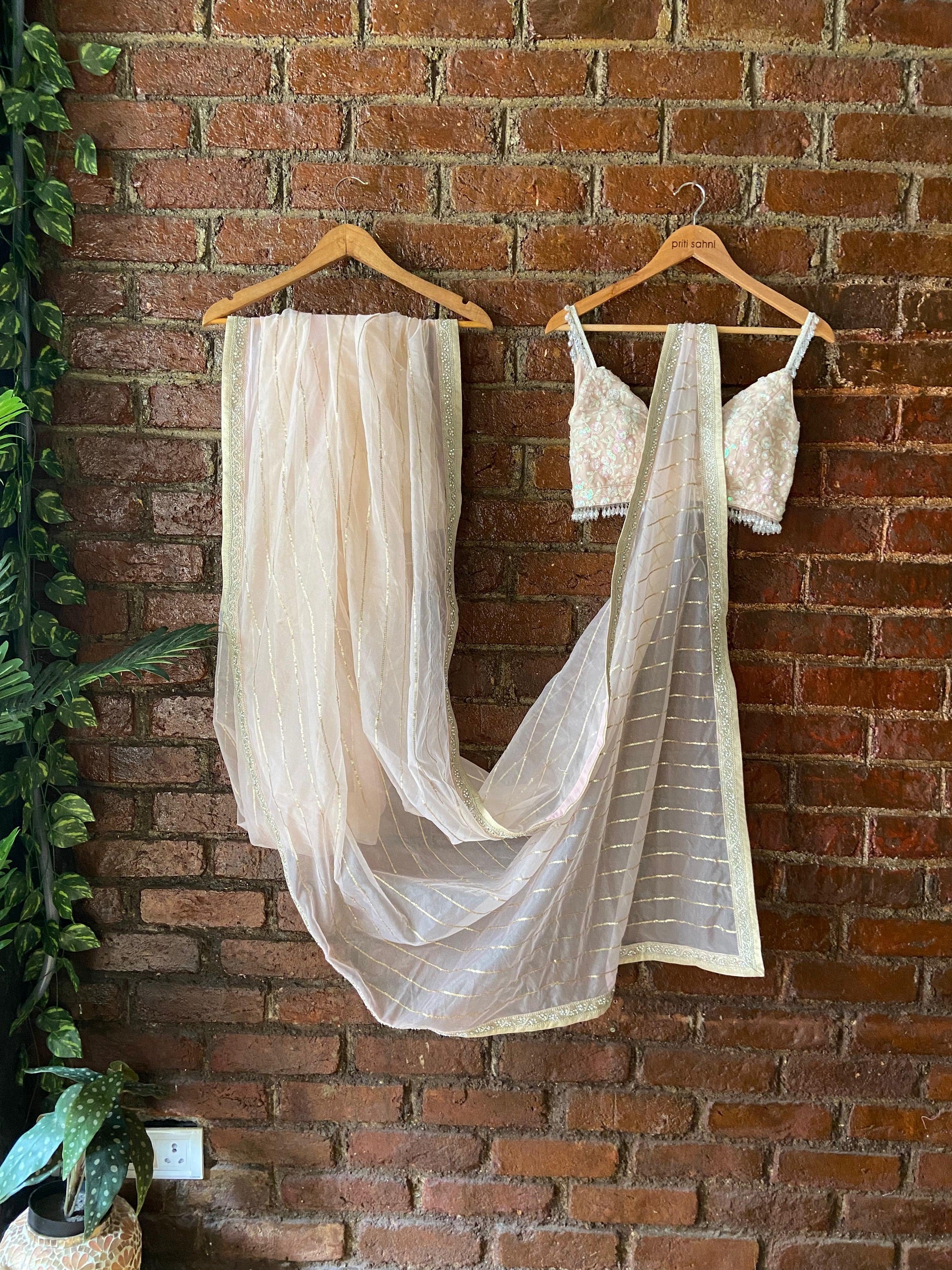 Peach Organza Saree and Sequin work Blouse - Peach saree and blouse