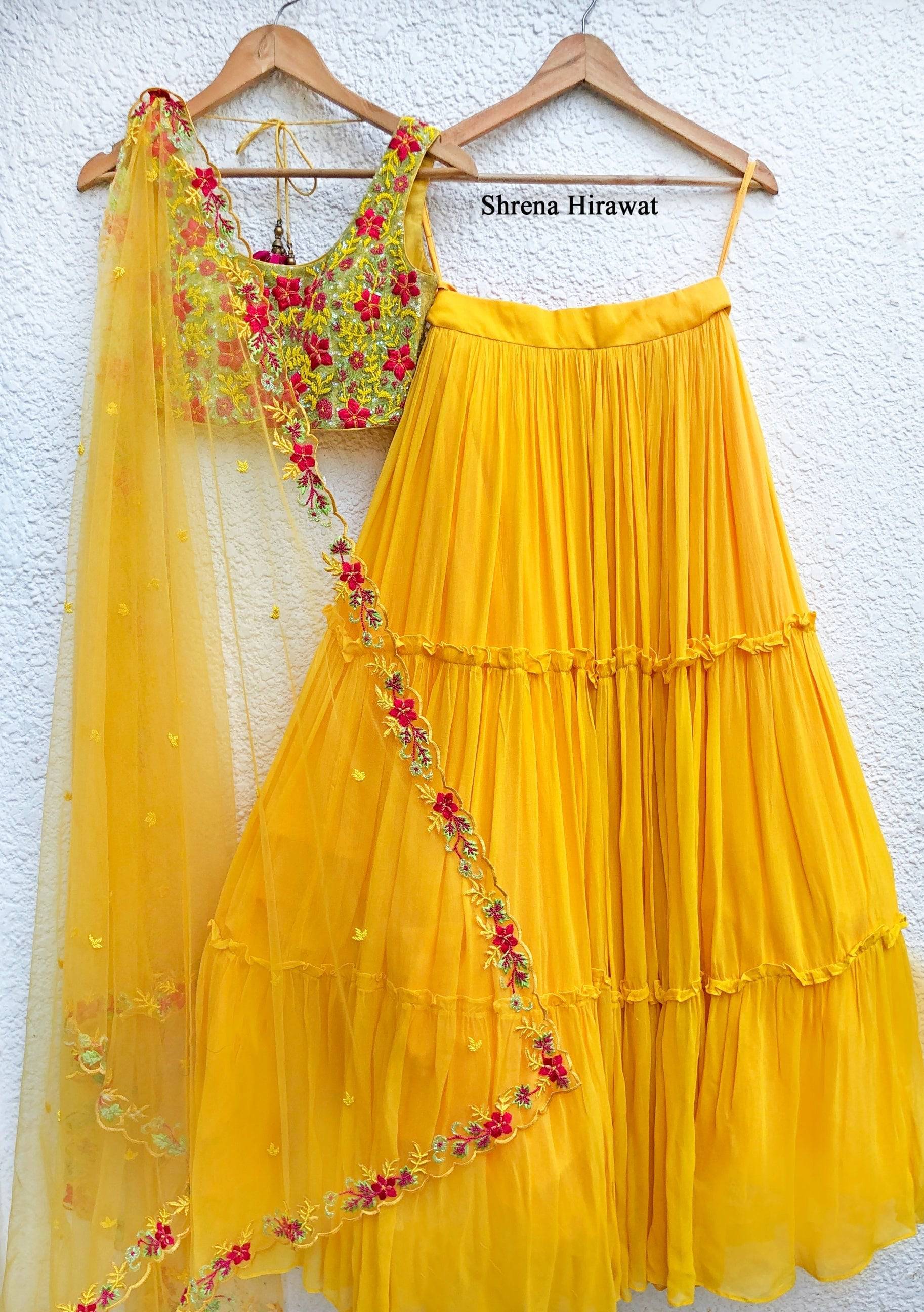 Yellow Embroidered Blouse and Dupatta with Tiered Skirt - yellow lehenga Sydney