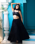 Black Embroidered Blouse with Tiered Skirt and Net Dupatta - black lehenga Canada