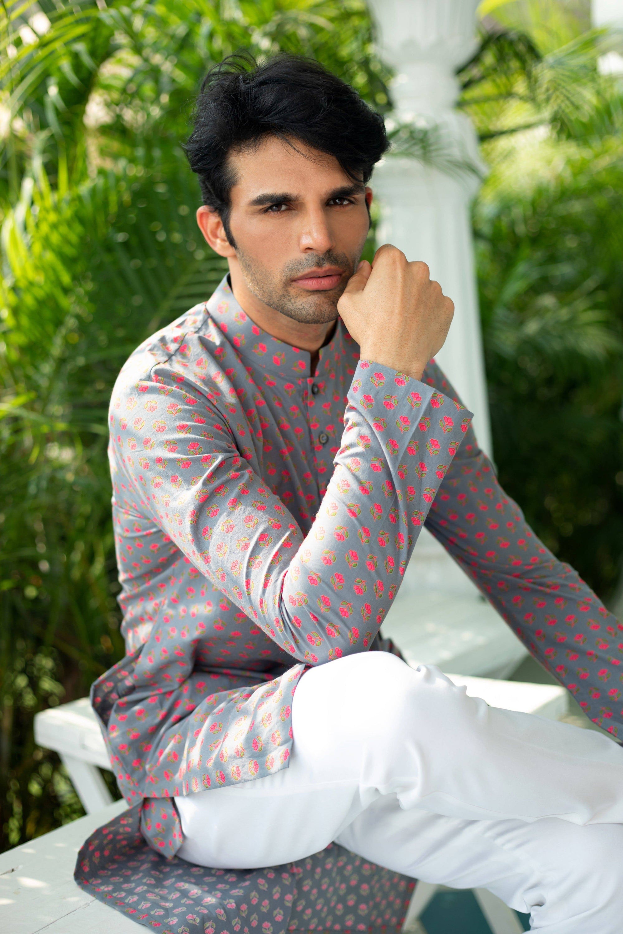 Grey Pink Kurta Set - grey kurta USA