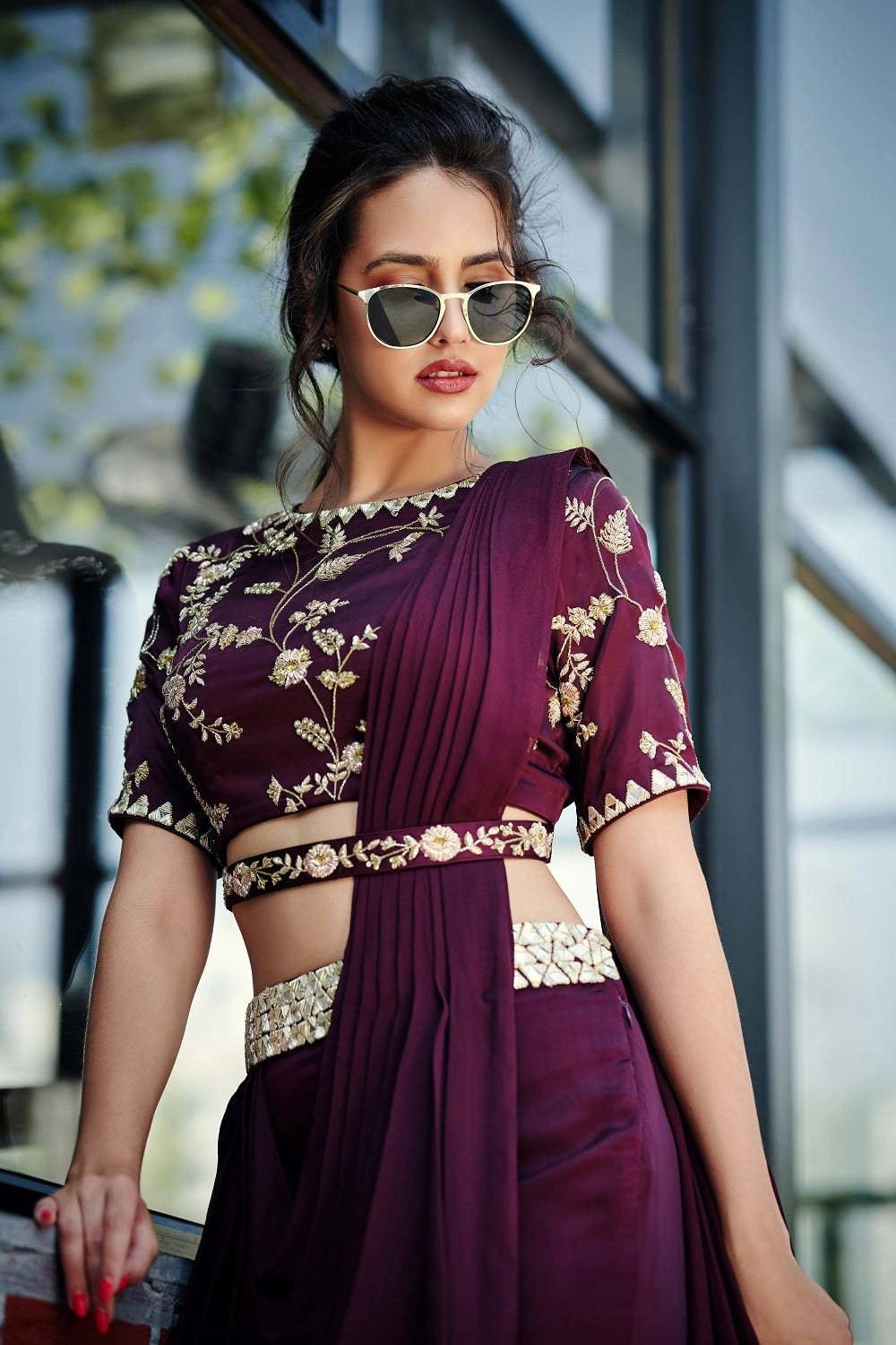 Wine Satin Silk Pant Saree Set – WaliaJones