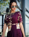 Wine Satin Silk Pant Saree Set - wine saree Australia