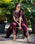 Wine Satin Silk Pant Saree Set - wine saree Australia