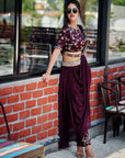 Wine Satin Silk Pant Saree Set - wine saree Australia