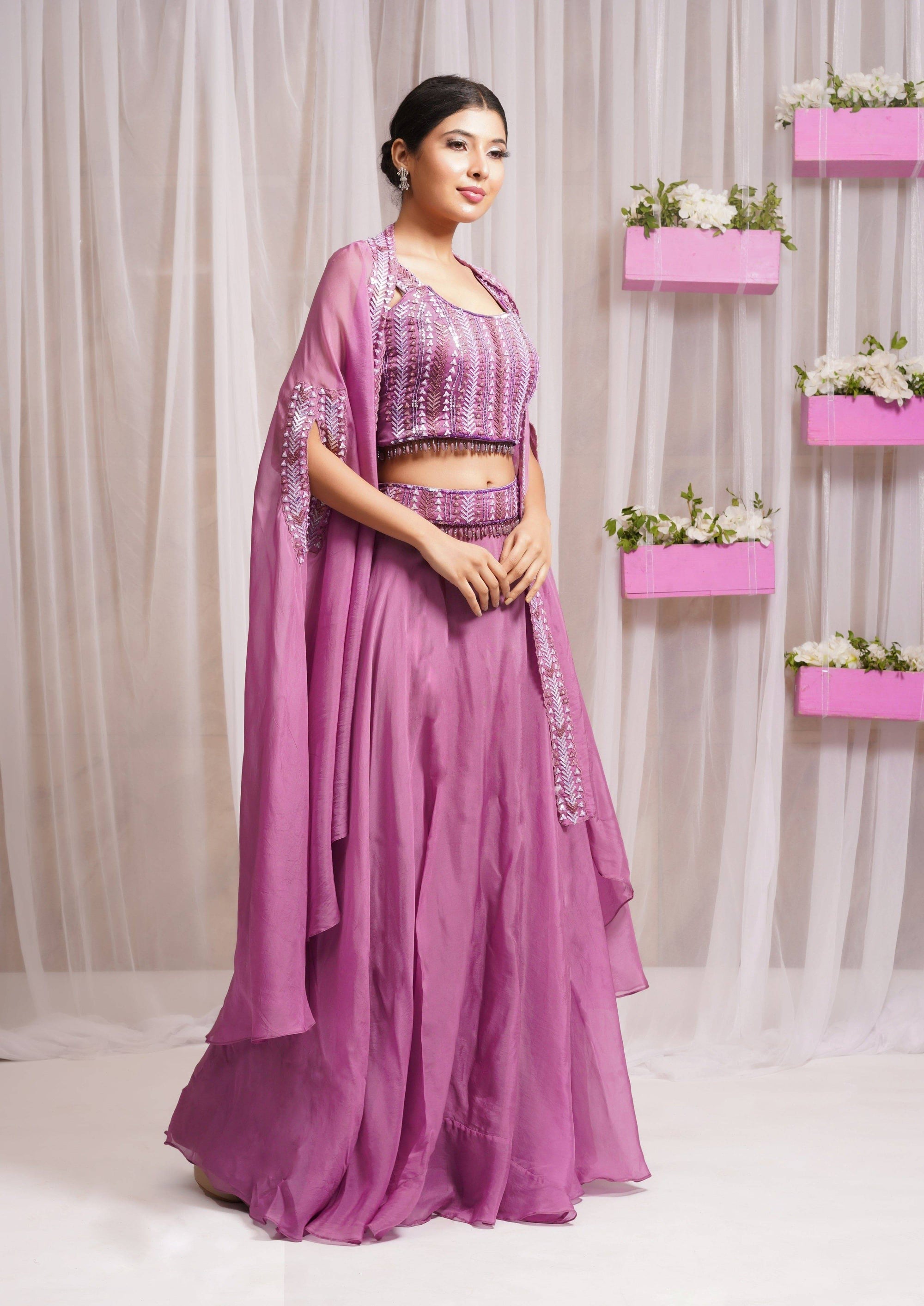 Hand Embroidered Blouse with Cap Skirt and Belt - purple lehenga USA