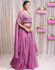 Hand Embroidered Blouse with Cap Skirt and Belt - purple lehenga USA
