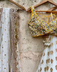Ivory Ruffle Lehenga Set with Yellow Mirror Work Blouse - mirror work lehenga Canada