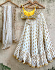 Ivory Ruffle Lehenga Set with Yellow Mirror Work Blouse - ruffle lehenga New Zealand