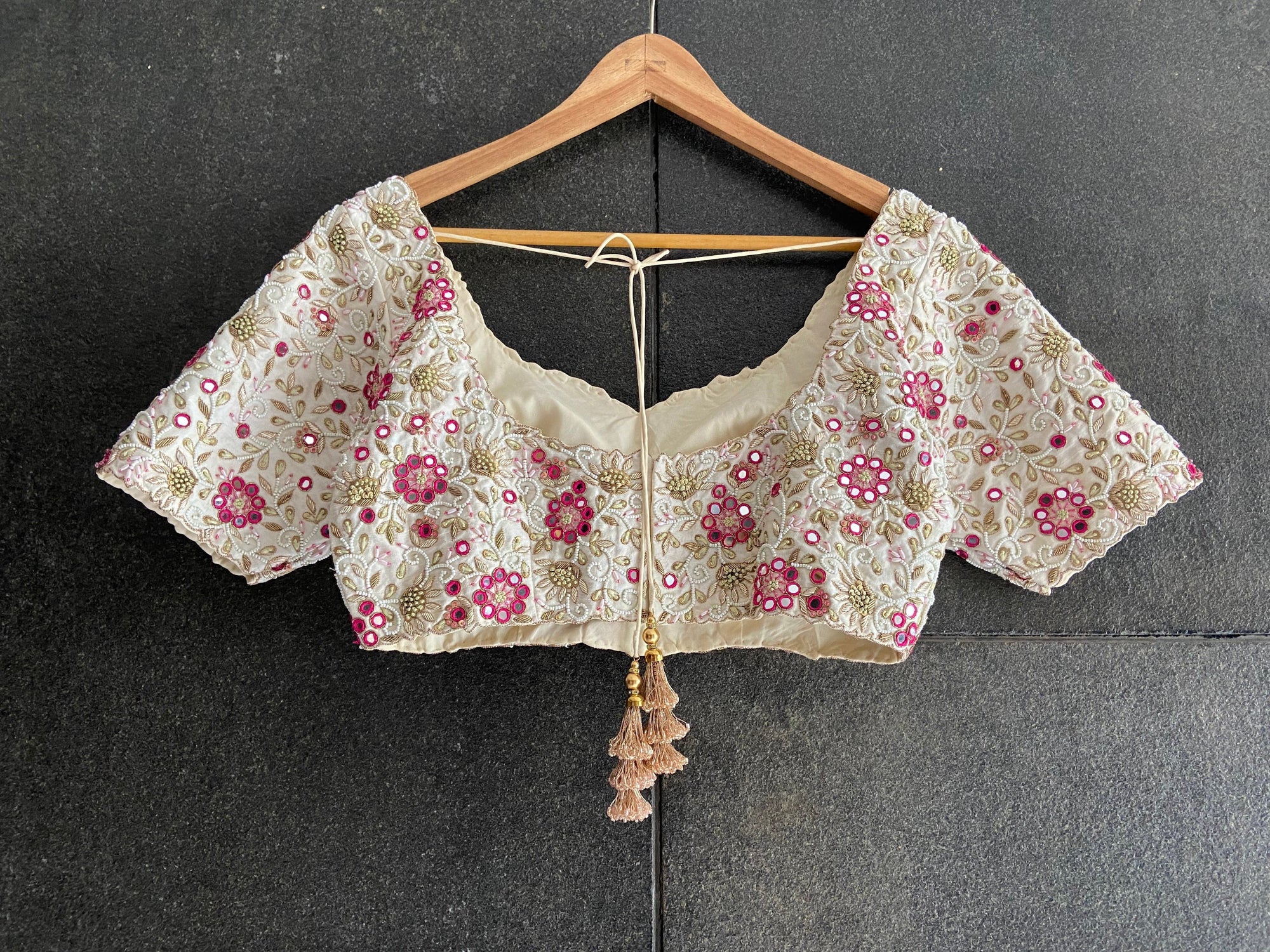Ivory Thread and Mirror work Lehenga Set with Fuchsia Accent - ivory lehenga Australia