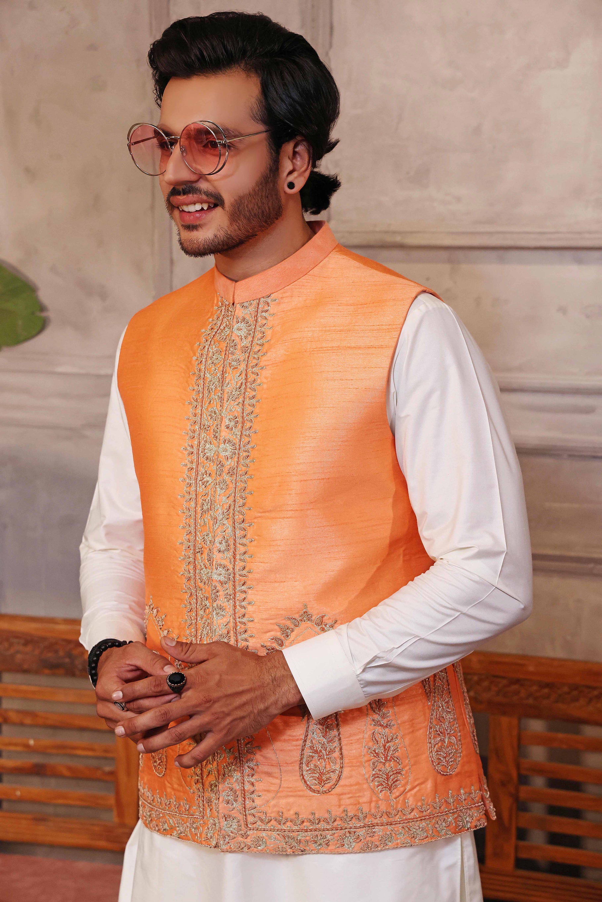 Green Kaju-Shaped Design Waistcoat with Matching Raw Silk Suit - indian wear for men USA