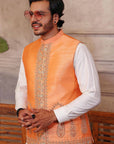 Green Kaju-Shaped Design Waistcoat with Matching Raw Silk Suit - indian wear for men USA