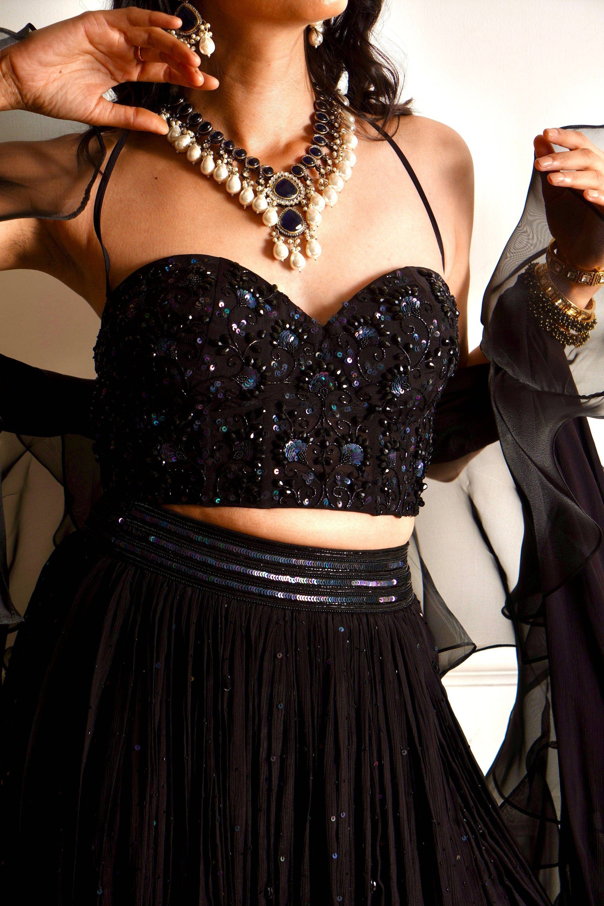 EVAA Black Corset and Gathered Lehenga - black lehenga Sydney