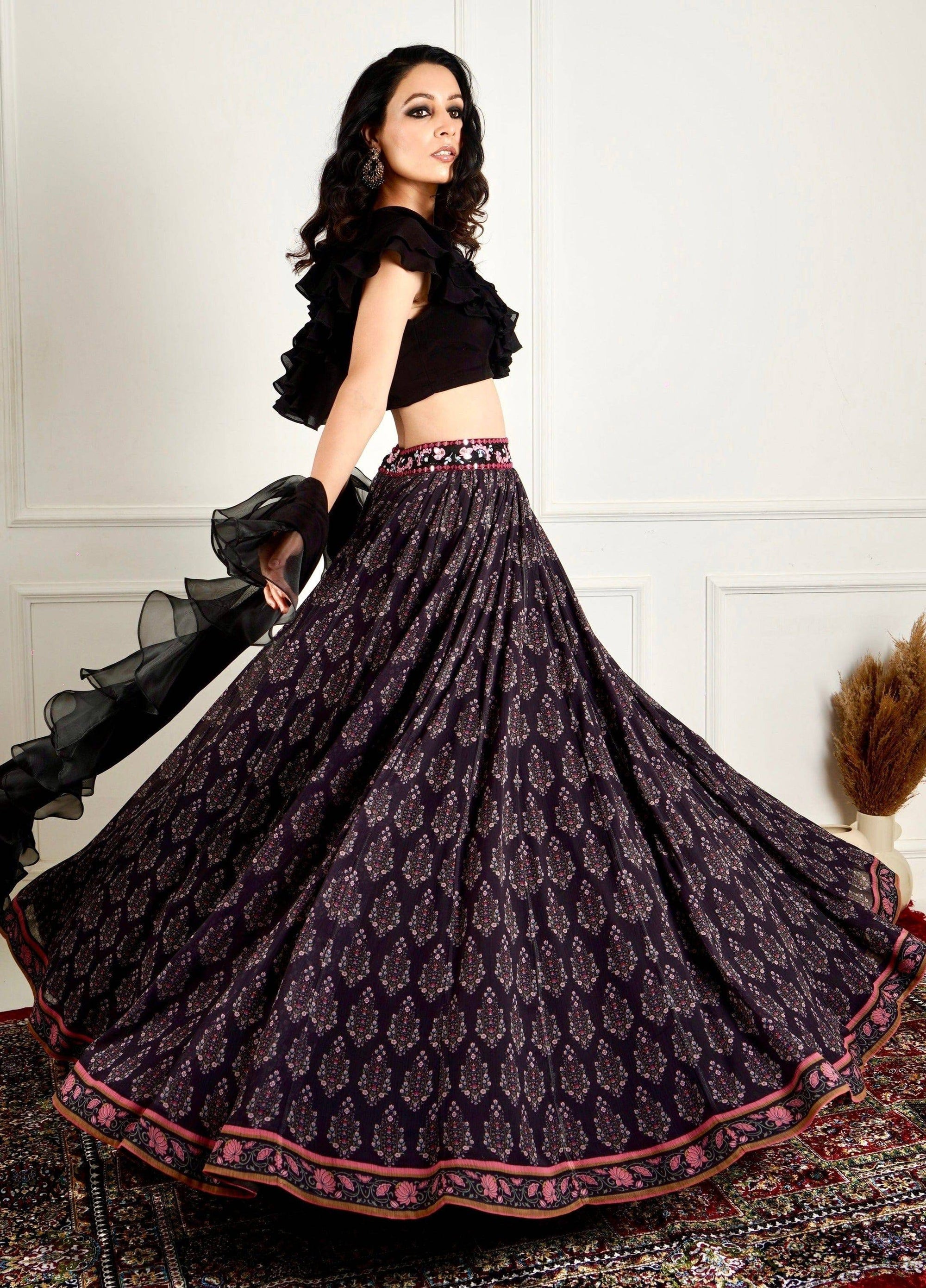 IMAARA Black Ruffled Blouse and Printed Lehenga - ruffle lehenga Australia