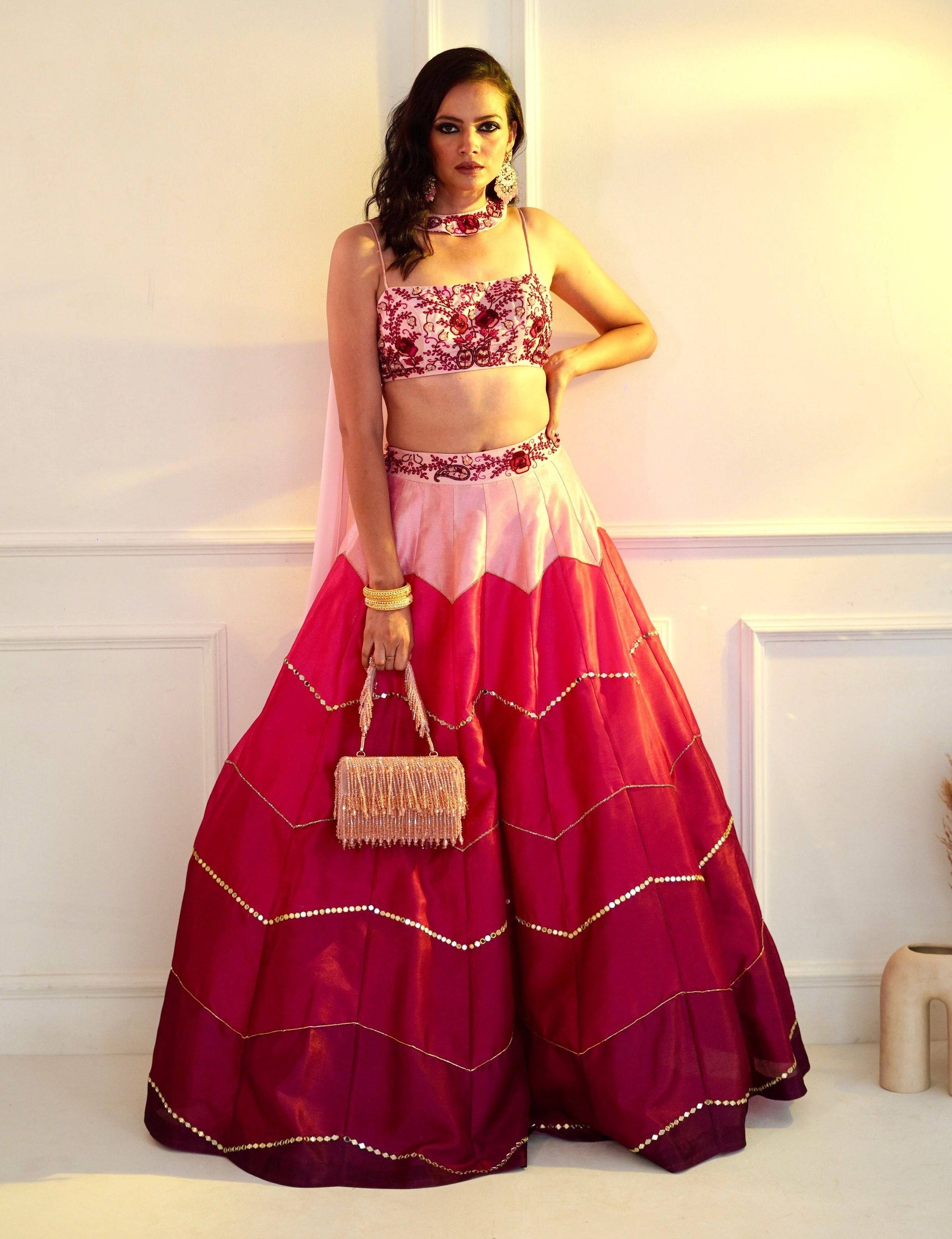 CELESTE Pink Dupion Ombre Lehenga - pink lehenga Australia