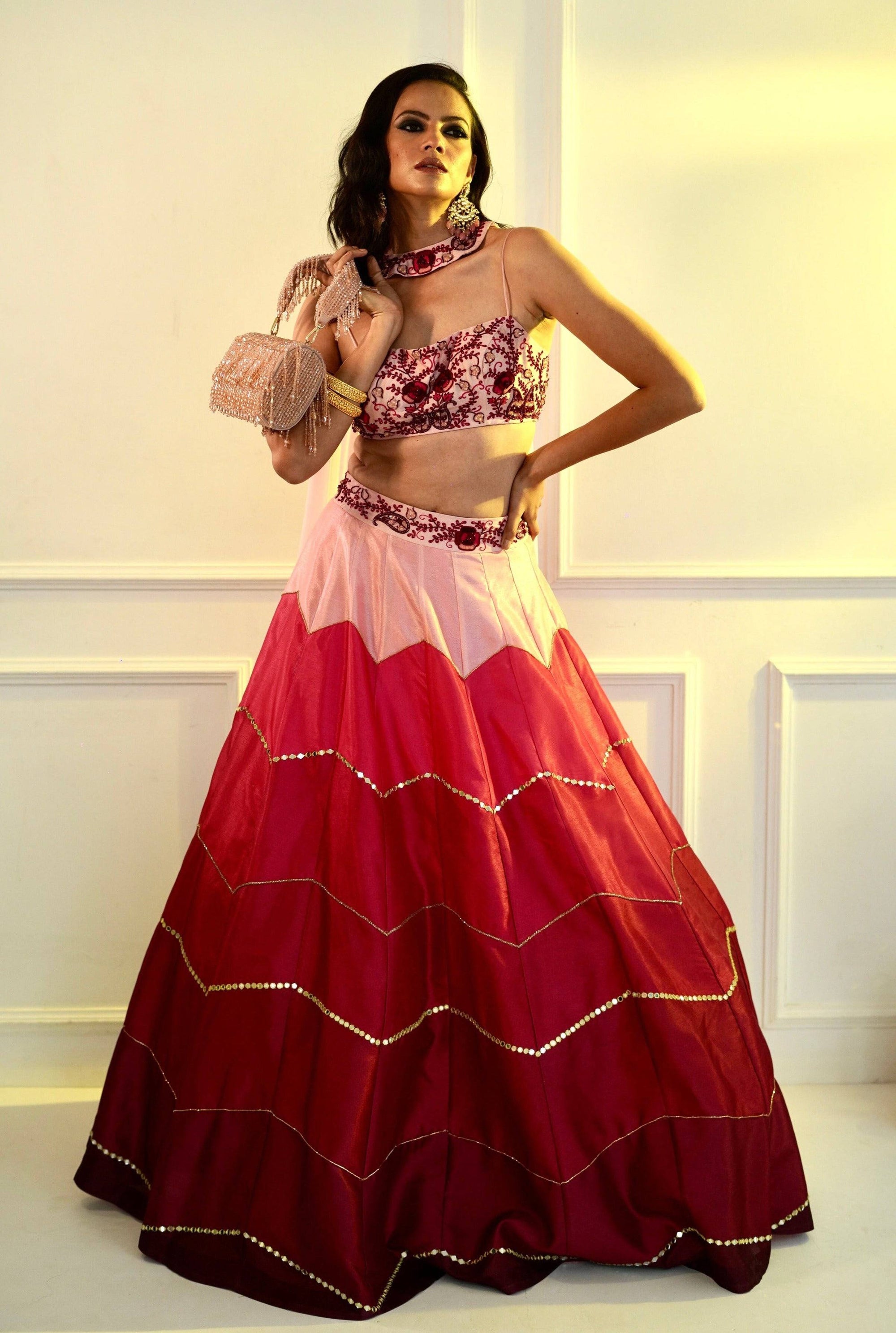 CELESTE Pink Dupion Ombre Lehenga - pink lehenga Australia