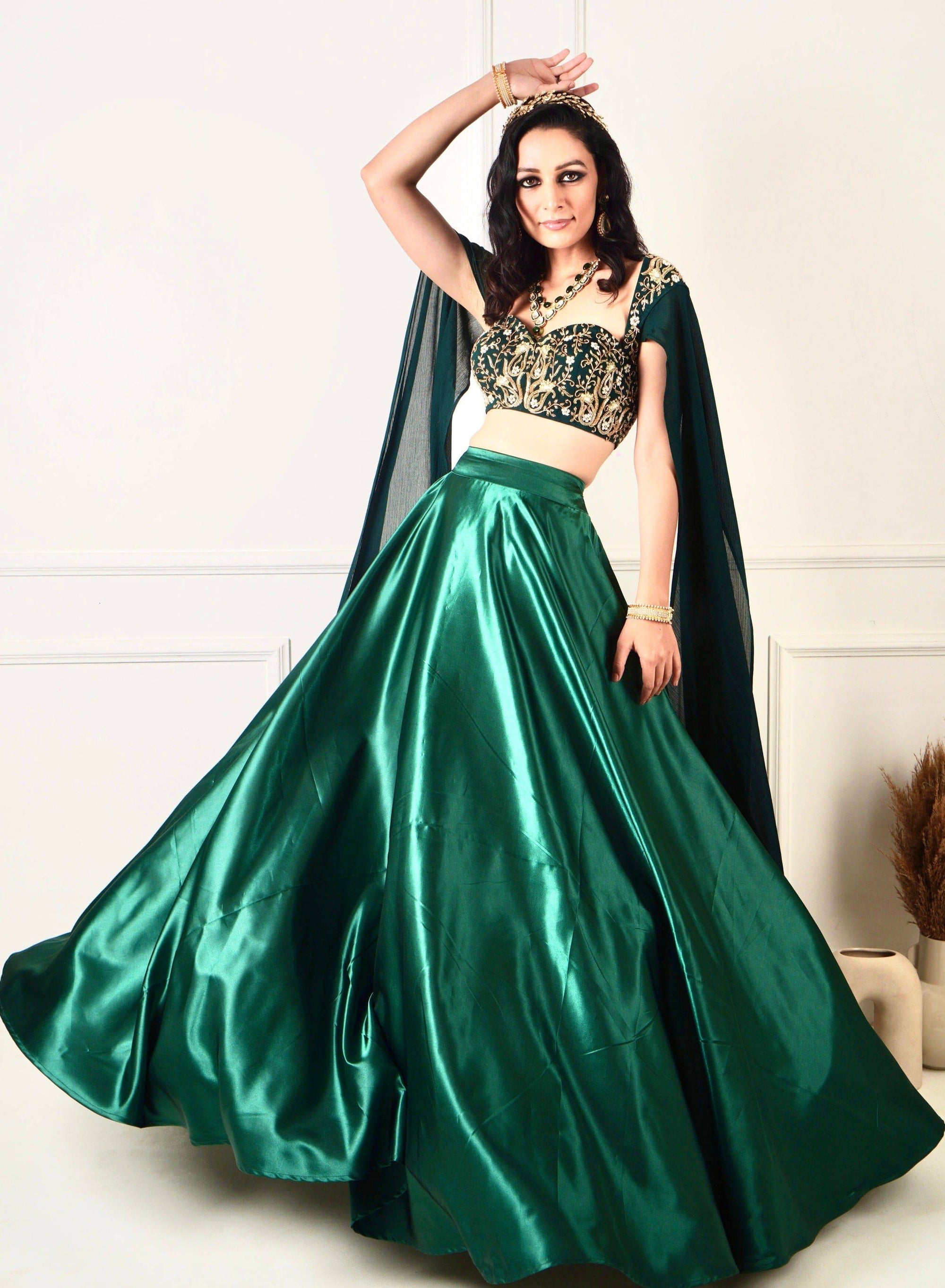MEERA Green Blackout Satin Lehenga - dark green lehenga Canada
