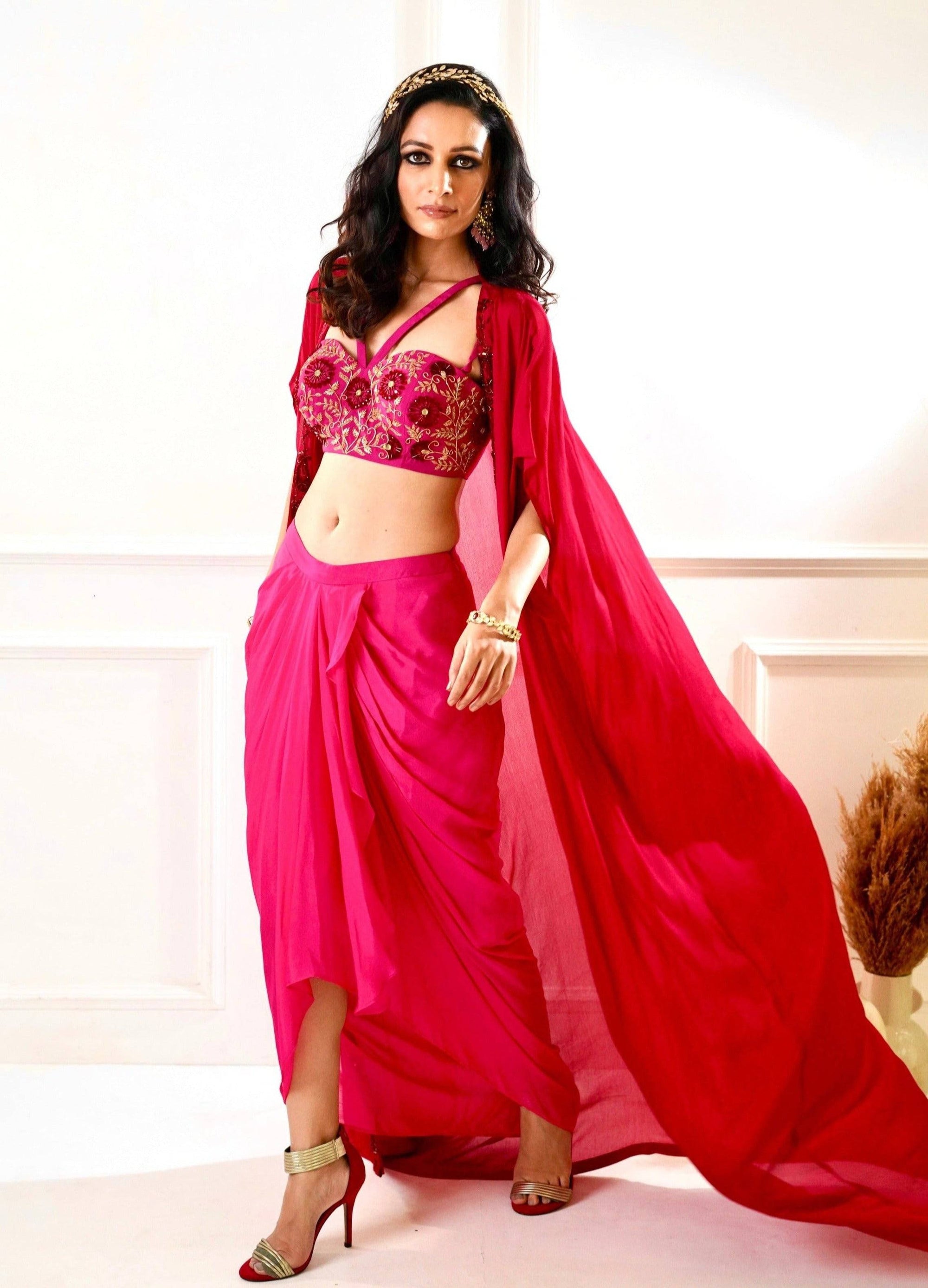 SHIRIN Maroon and Pink Drape Skirt with Cape - indian attire USA