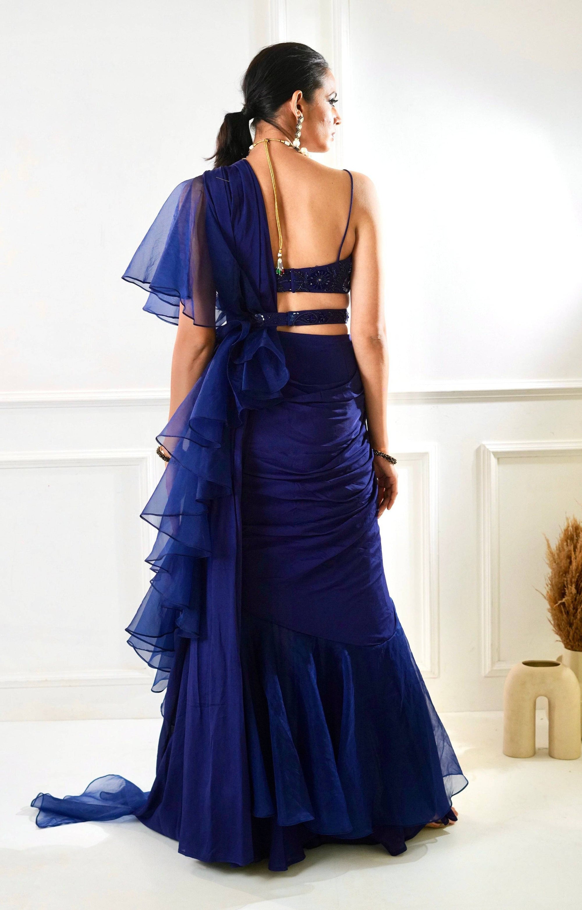 NIKASHA Navy Ruffle Saree - blue ruffle saree Canada